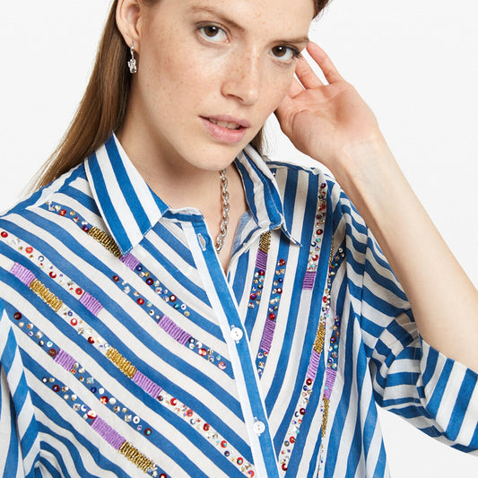 - Striped Cotton Long Chemisier Dress With Appliques