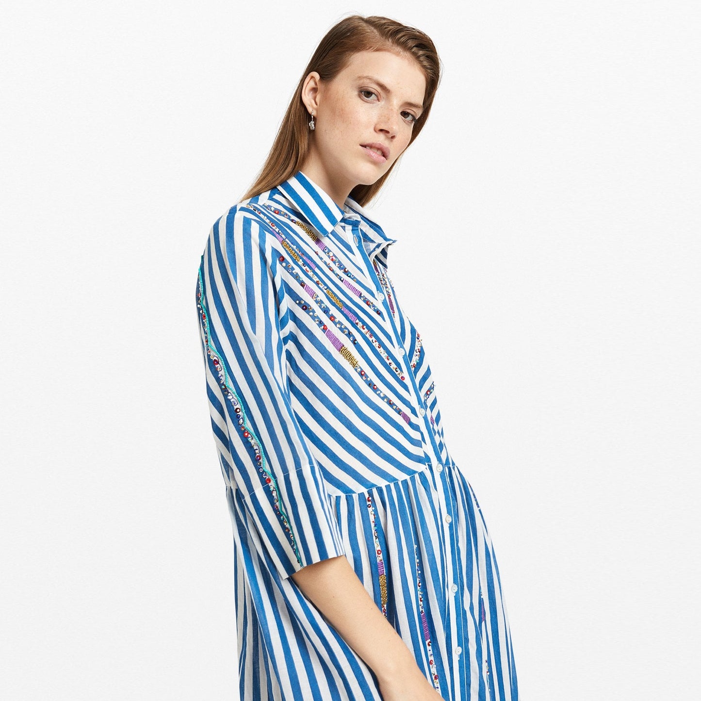 - Striped Cotton Long Chemisier Dress With Appliques