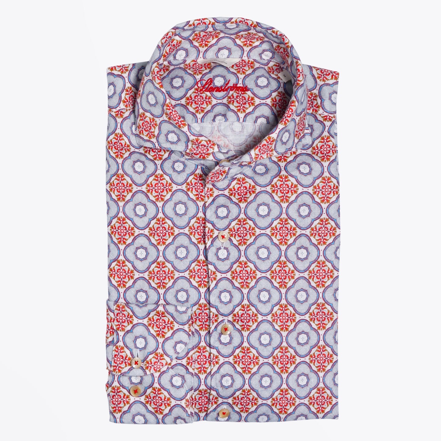Linen Geometric Print Shirt - Red/Multi