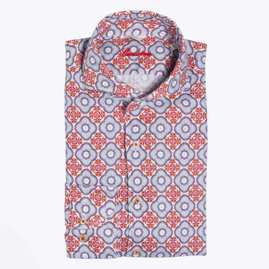 Linen Geometric Print Shirt - Red/Multi