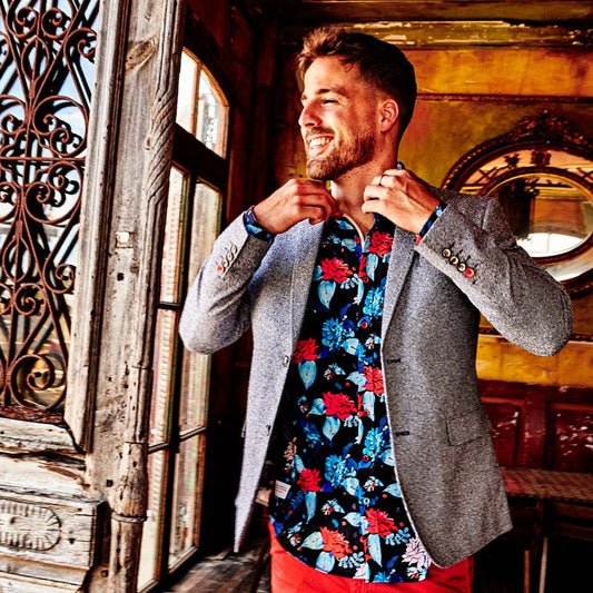 - Cotton Check Blazer - Navy