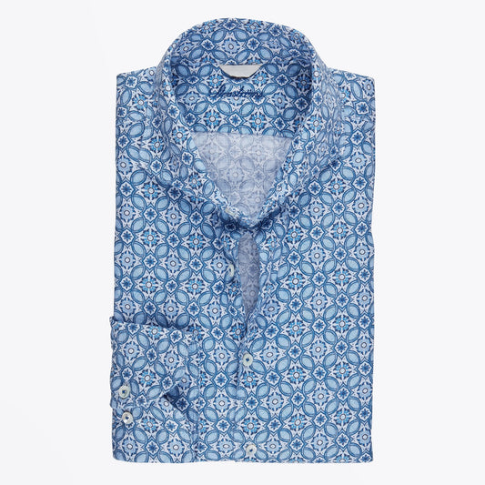 Linen Geometric Print Shirt - Blue