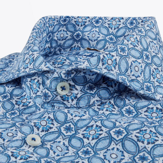 Linen Geometric Print Shirt - Blue