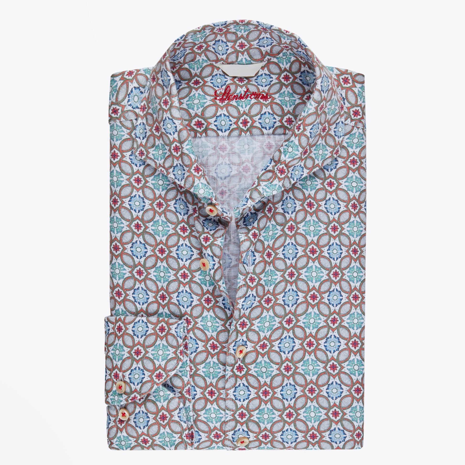 Stenstroms Linen Geometric Print Shirt - Green/Multi