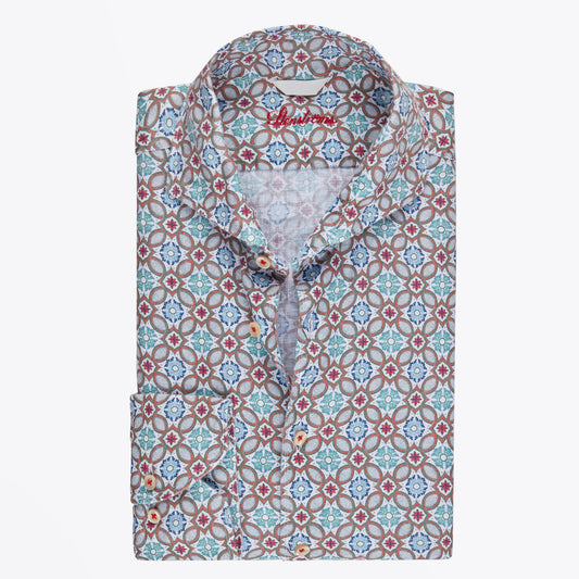 Linen Geometric Print Shirt - Green/Multi