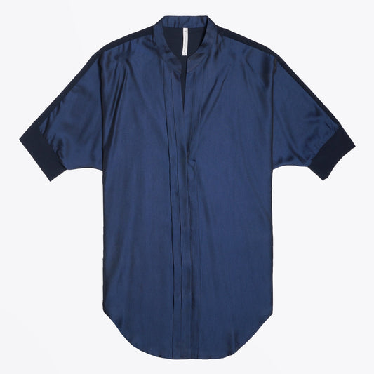 - Satin Pleated-Front Shirt - Blue/Navy
