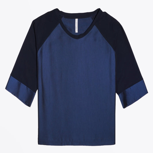 - Satin Round-Neck Top - Blue/Navy