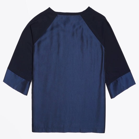 - Satin Round-Neck Top - Blue/Navy