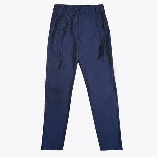 - Satin Pleated Trousers - Navy