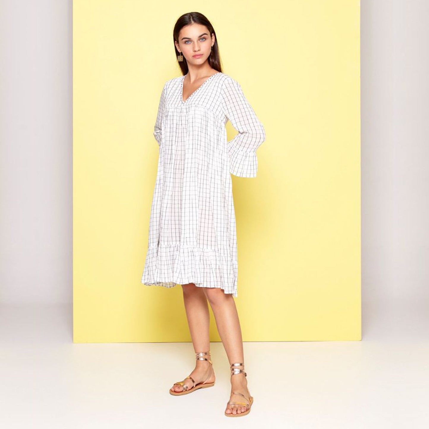 - Checked Smock Dress - White