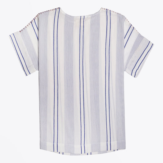 - Embroidered Stripe Top - White/Blue