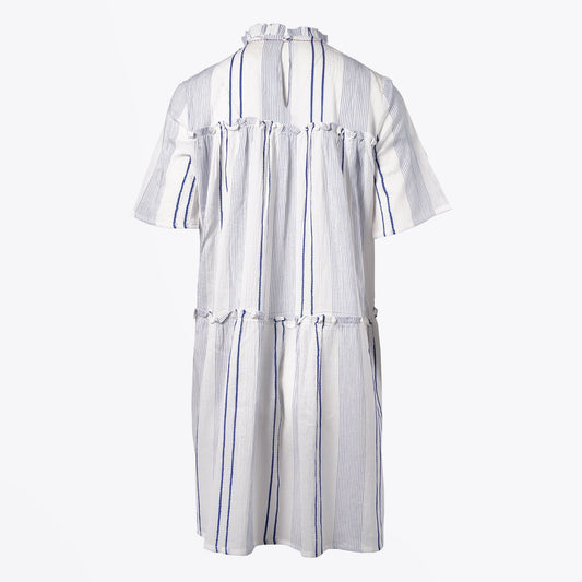 - Embroidered Stripe Dress - White/Blue