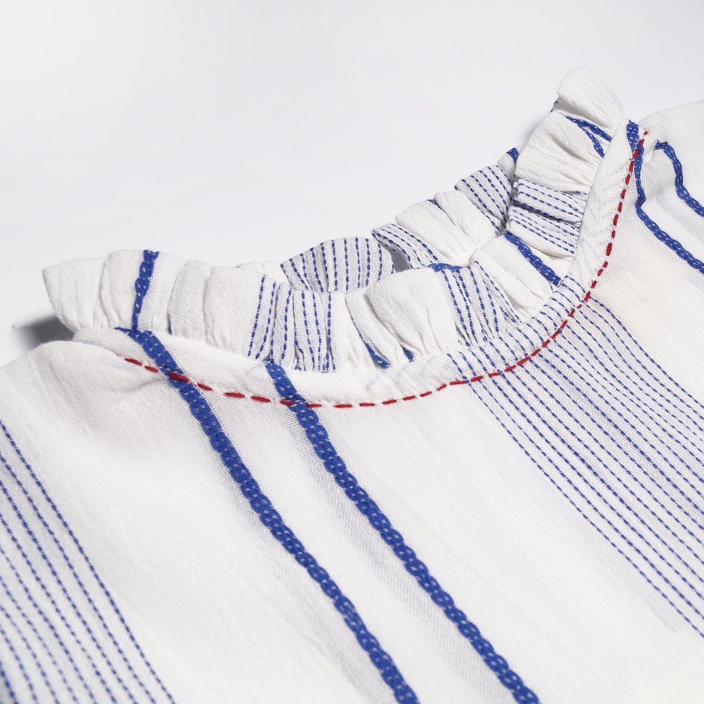 - Embroidered Stripe Dress - White/Blue
