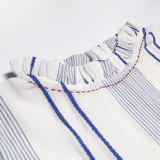 - Embroidered Stripe Dress - White/Blue
