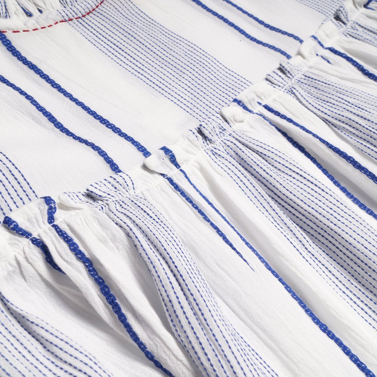 - Embroidered Stripe Dress - White/Blue