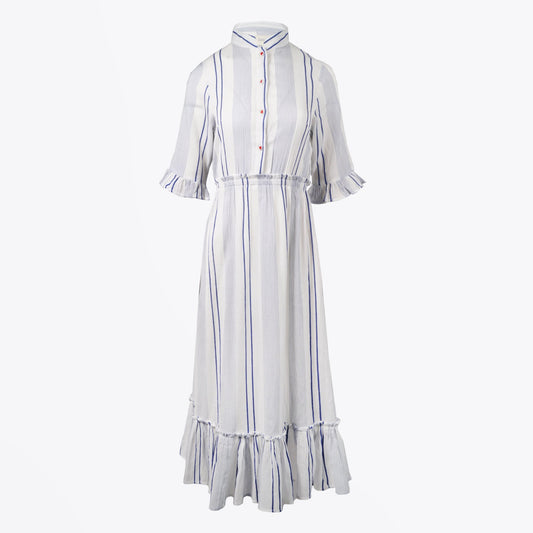 - Embroidered Stripe Maxi Dress - White/Blue