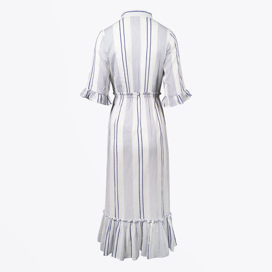 - Embroidered Stripe Maxi Dress - White/Blue