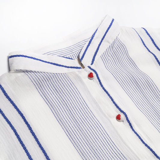 - Embroidered Stripe Maxi Dress - White/Blue