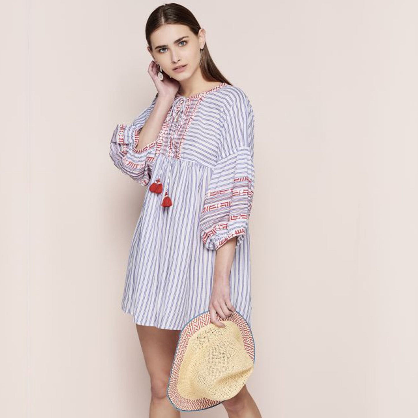 - Striped Embroidered Tassel Dress - Blue/Multi