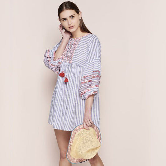 - Striped Embroidered Tassel Dress - Blue/Multi