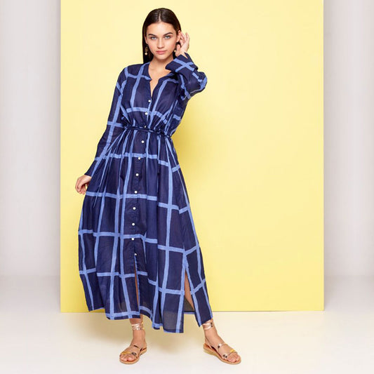 Large Check Print Maxi Dress - Navy