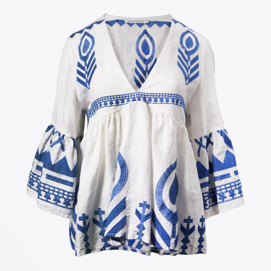 Linen Embroidered Top - White/Blue