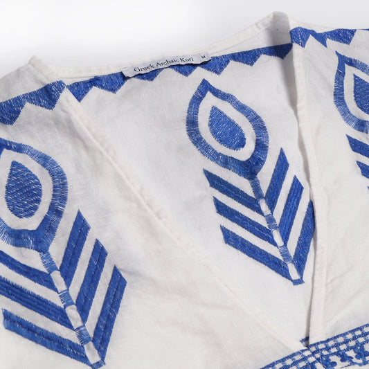 Linen Embroidered Top - White/Blue