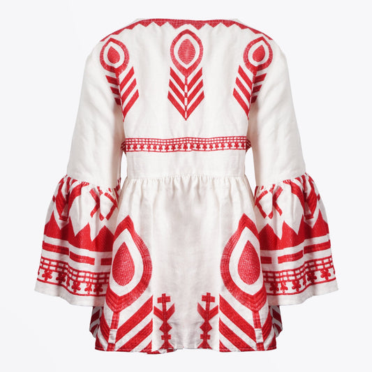Linen Embroidered Top - White/Red