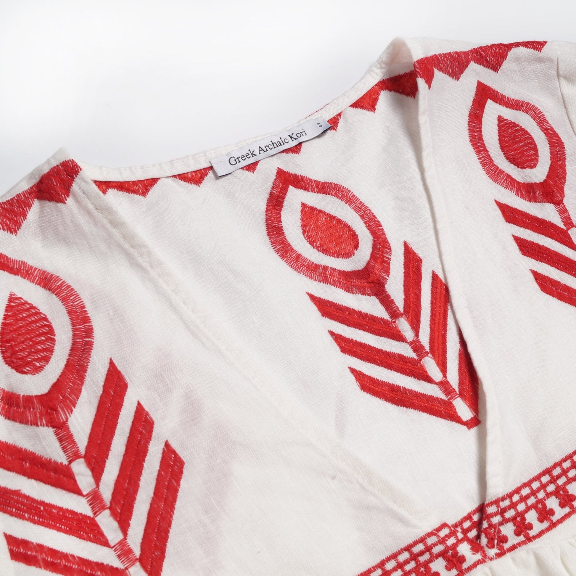 Greek Linen Embroidered Top - White/Red
