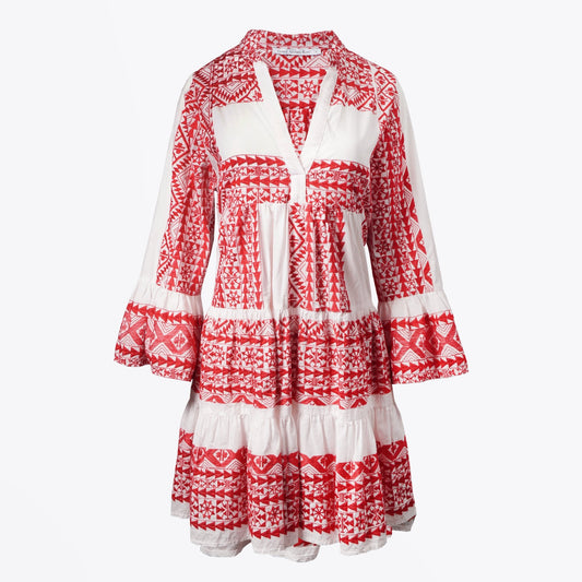 - Cotton Aztec Embroidered Dress - Red/White