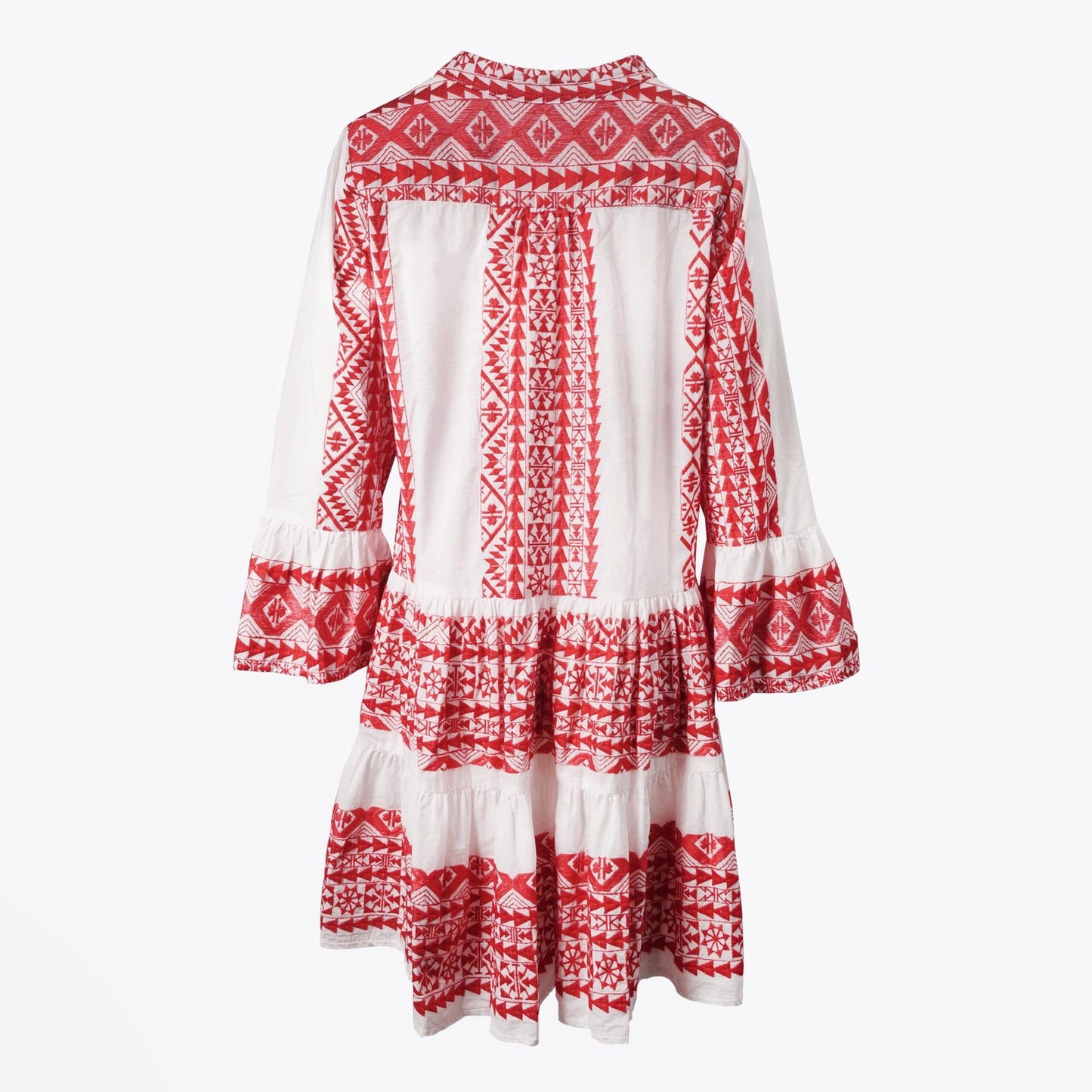 - Cotton Aztec Embroidered Dress - Red/White