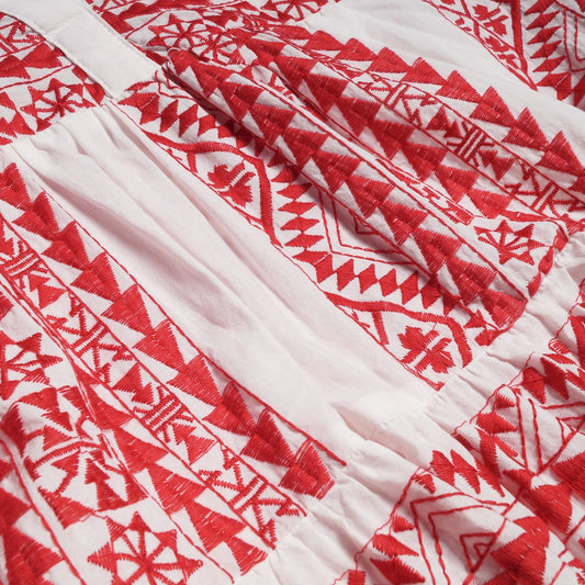 - Cotton Aztec Embroidered Dress - Red/White