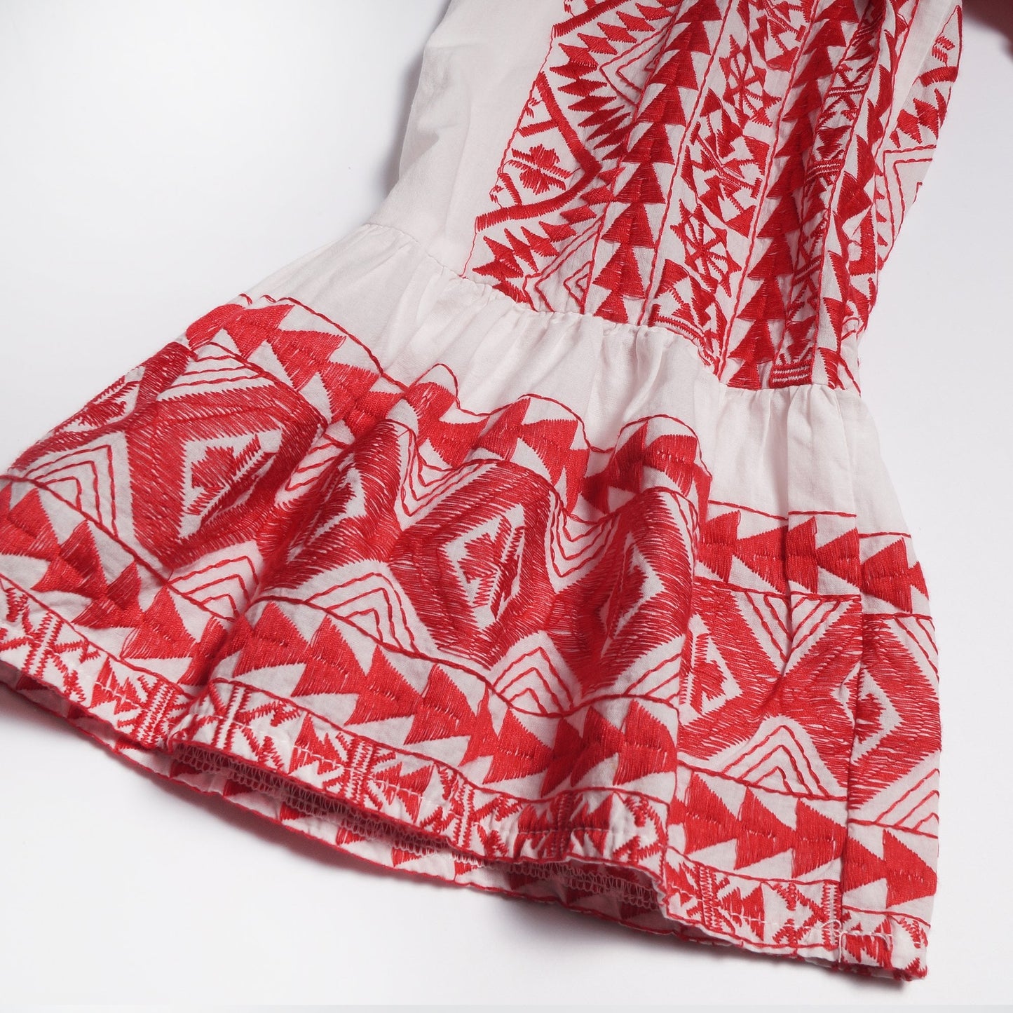 - Cotton Aztec Embroidered Dress - Red/White