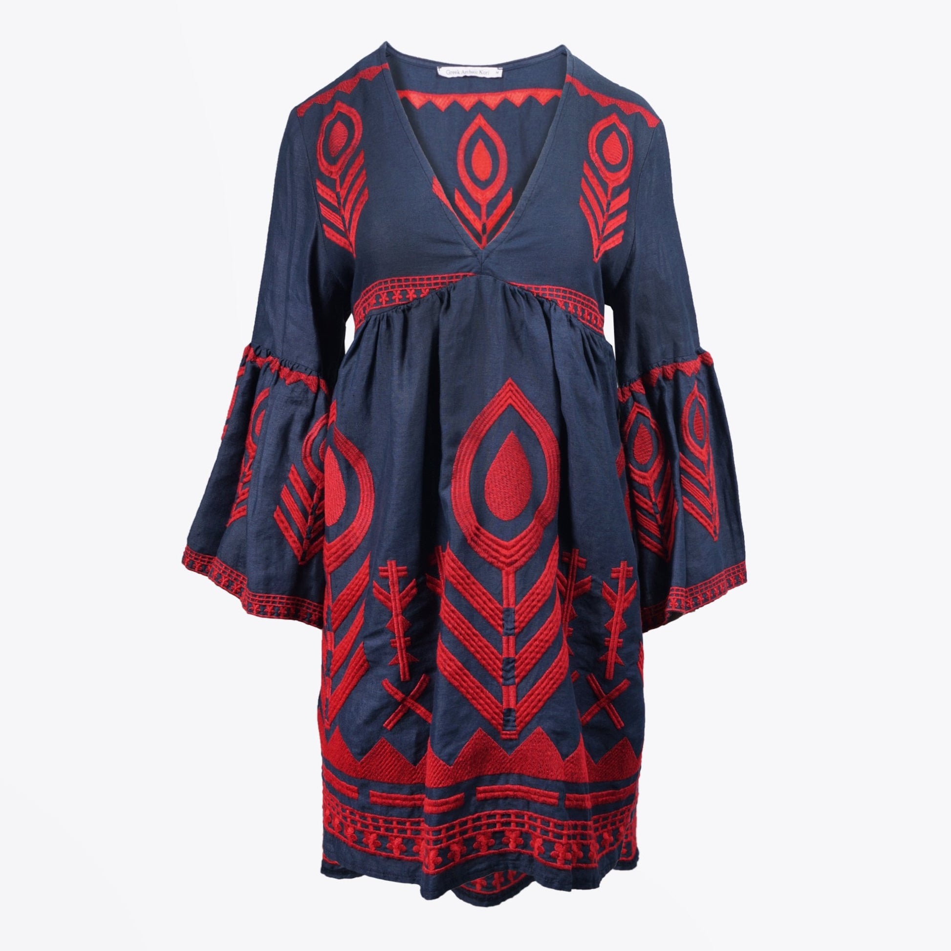 Greek Linen Embroidered Dress - Navy/Red