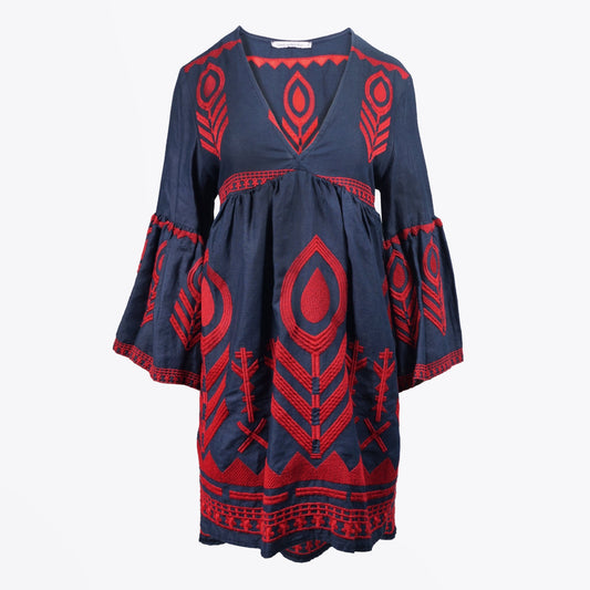 Linen Embroidered Dress - Navy/Red