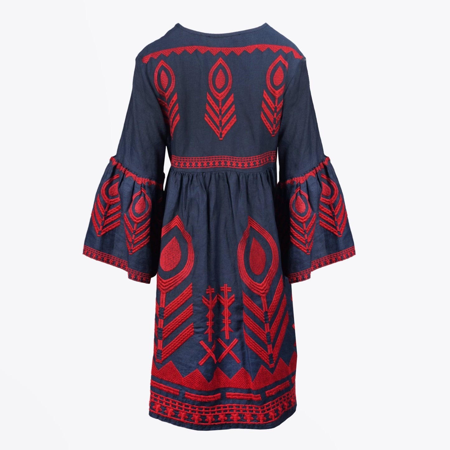 Linen Embroidered Dress - Navy/Red