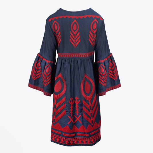 Linen Embroidered Dress - Navy/Red