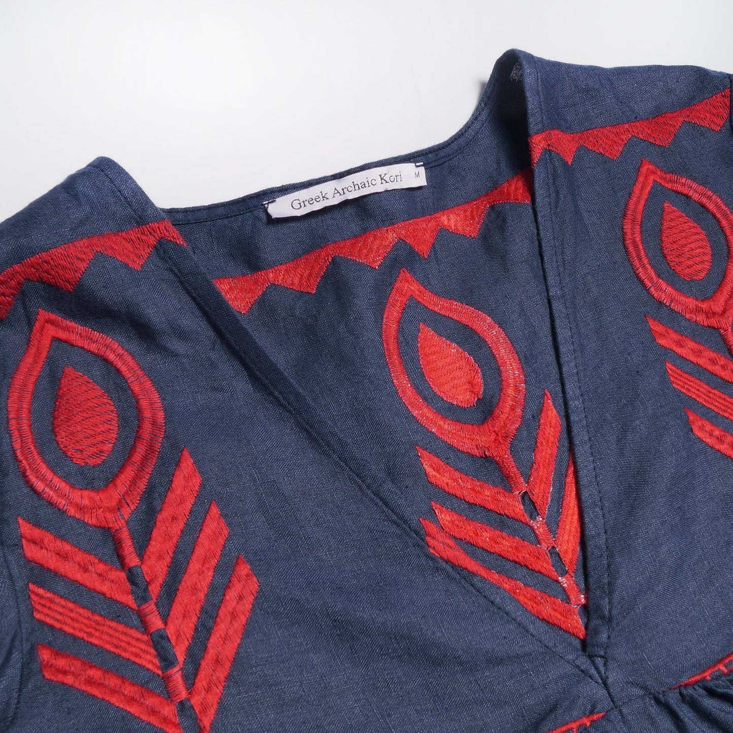 Linen Embroidered Dress - Navy/Red