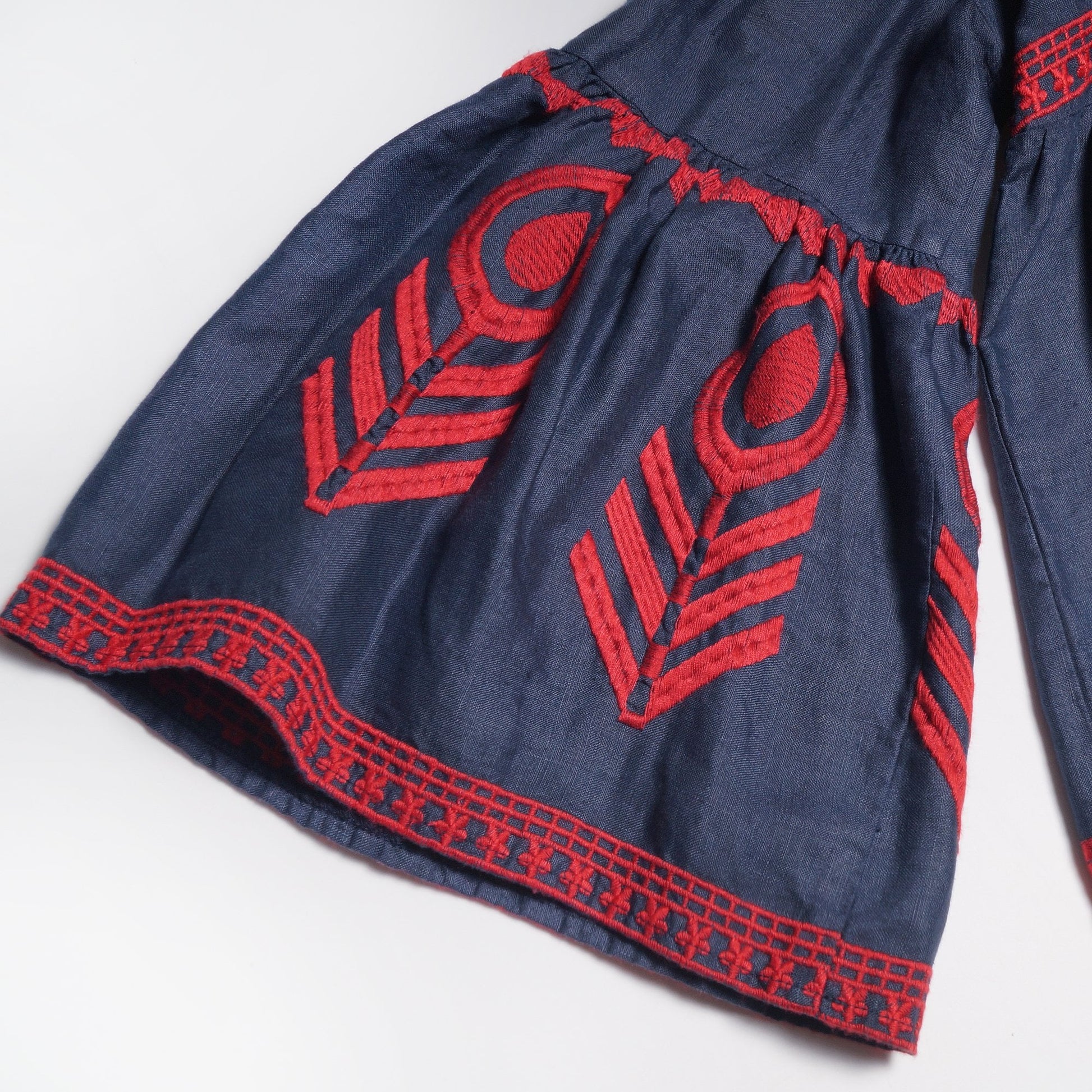 Greek Linen Embroidered Dress - Navy/Red
