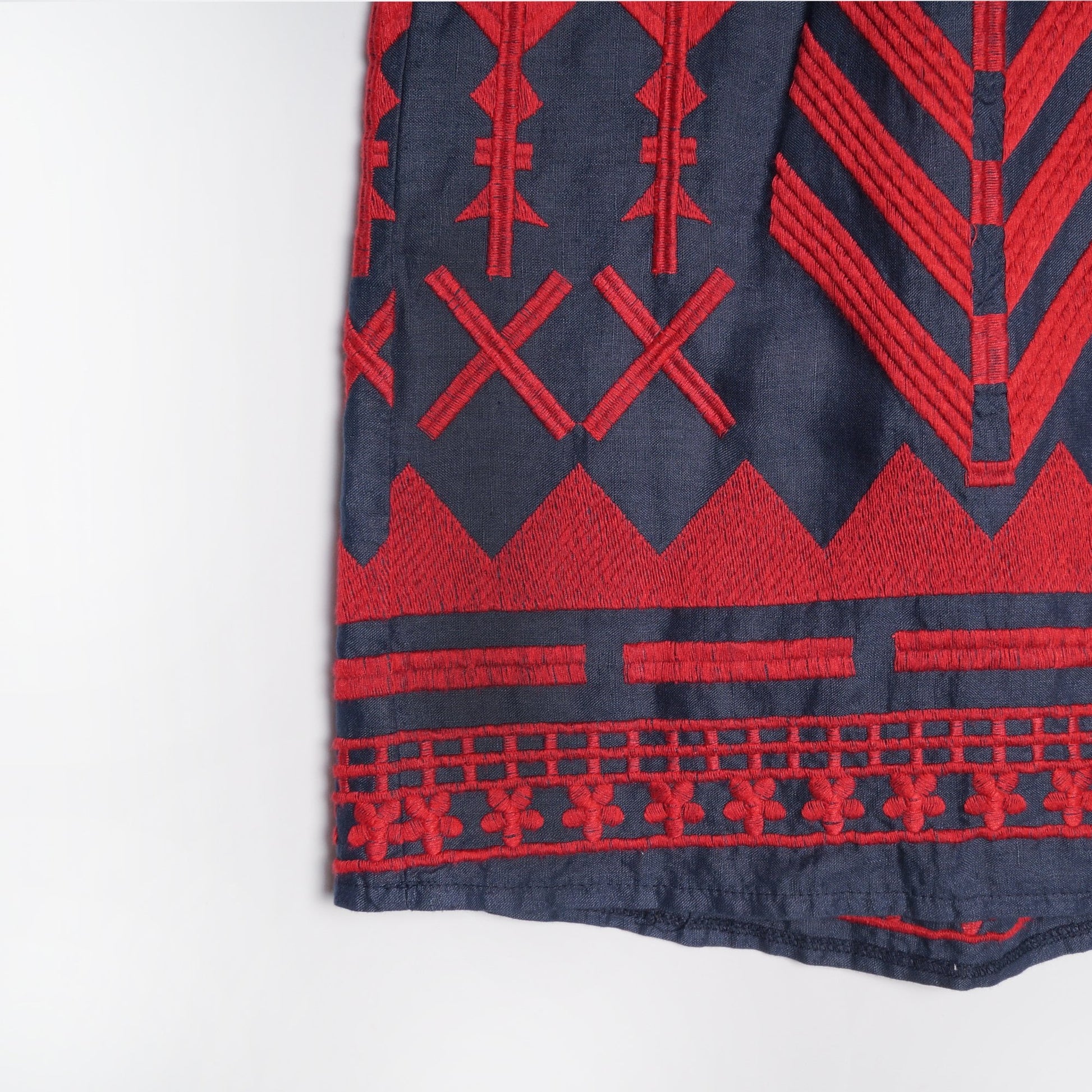 Greek Linen Embroidered Dress - Navy/Red