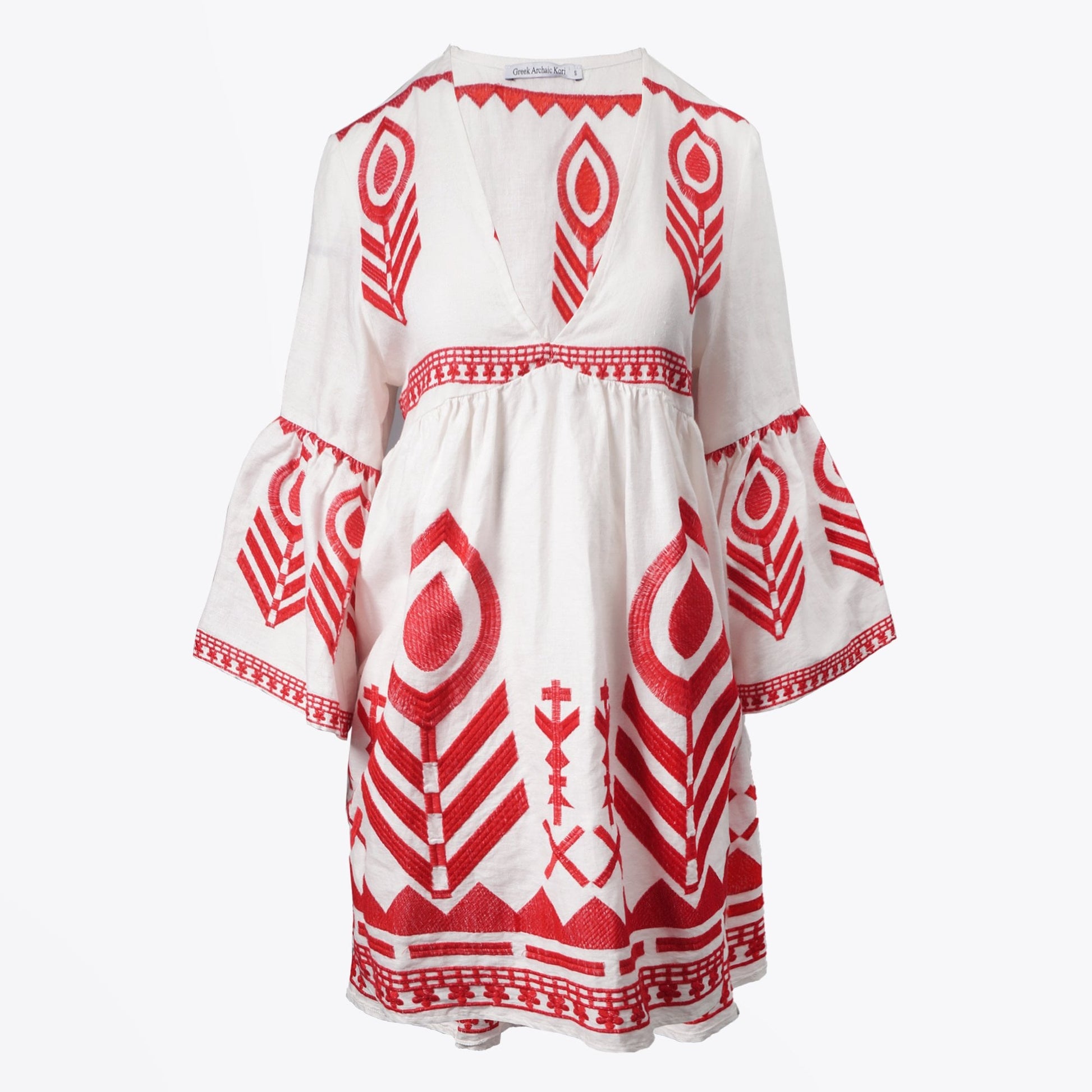 Greek Linen Embroidered Dress - White/Red