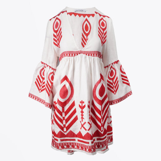 Linen Embroidered Dress - White/Red