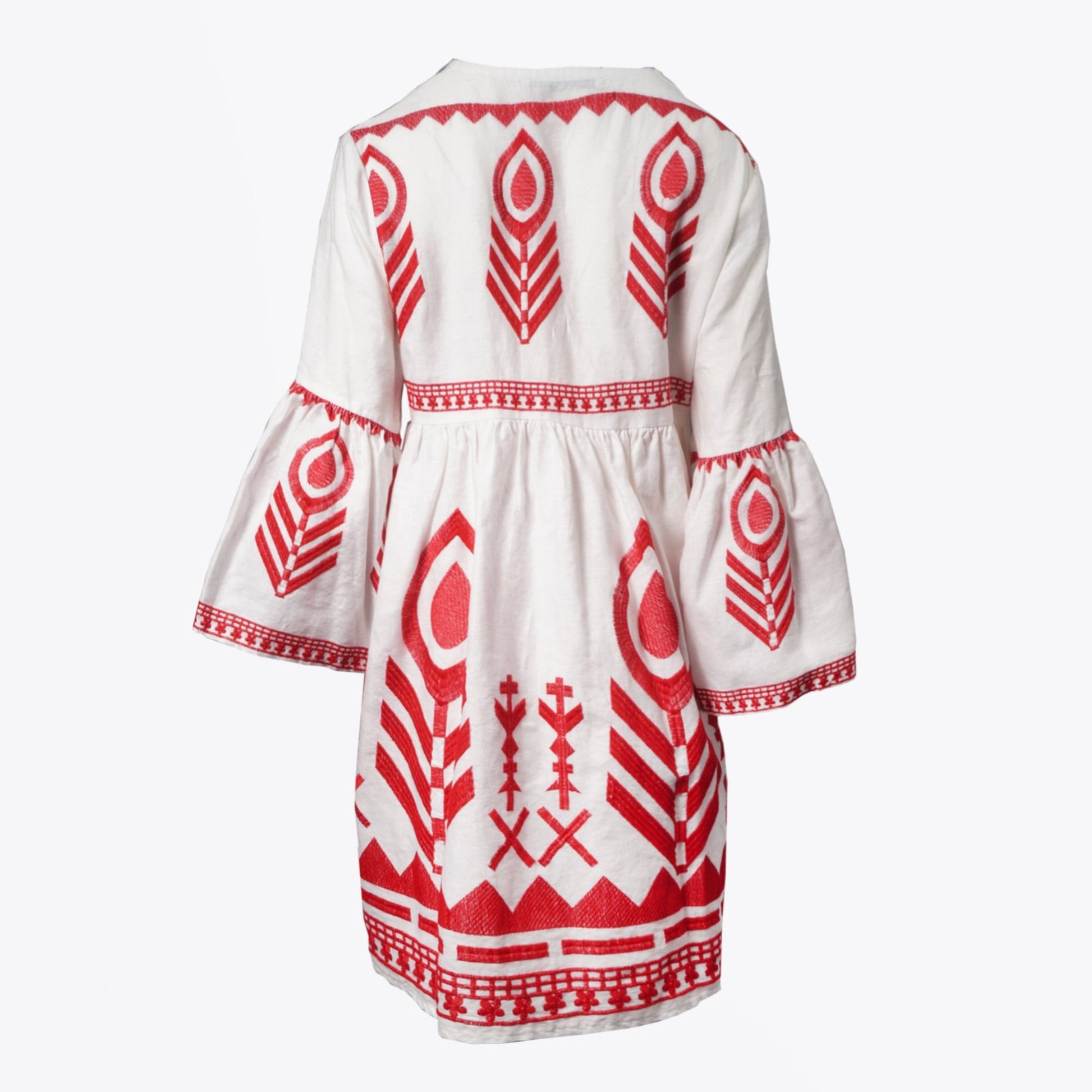 Greek Linen Embroidered Dress - White/Red