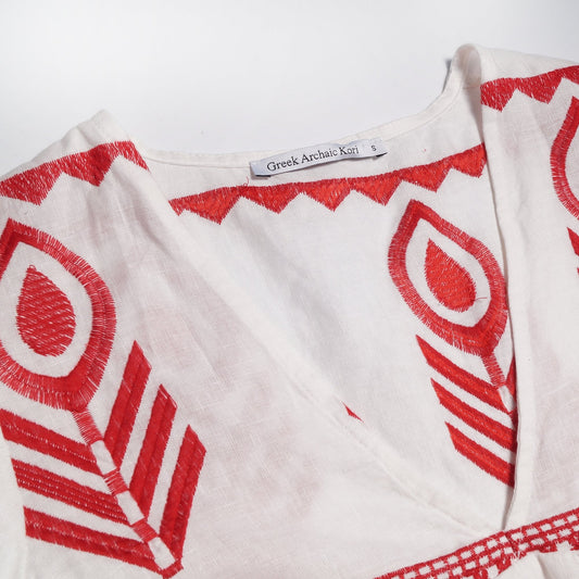 Linen Embroidered Dress - White/Red