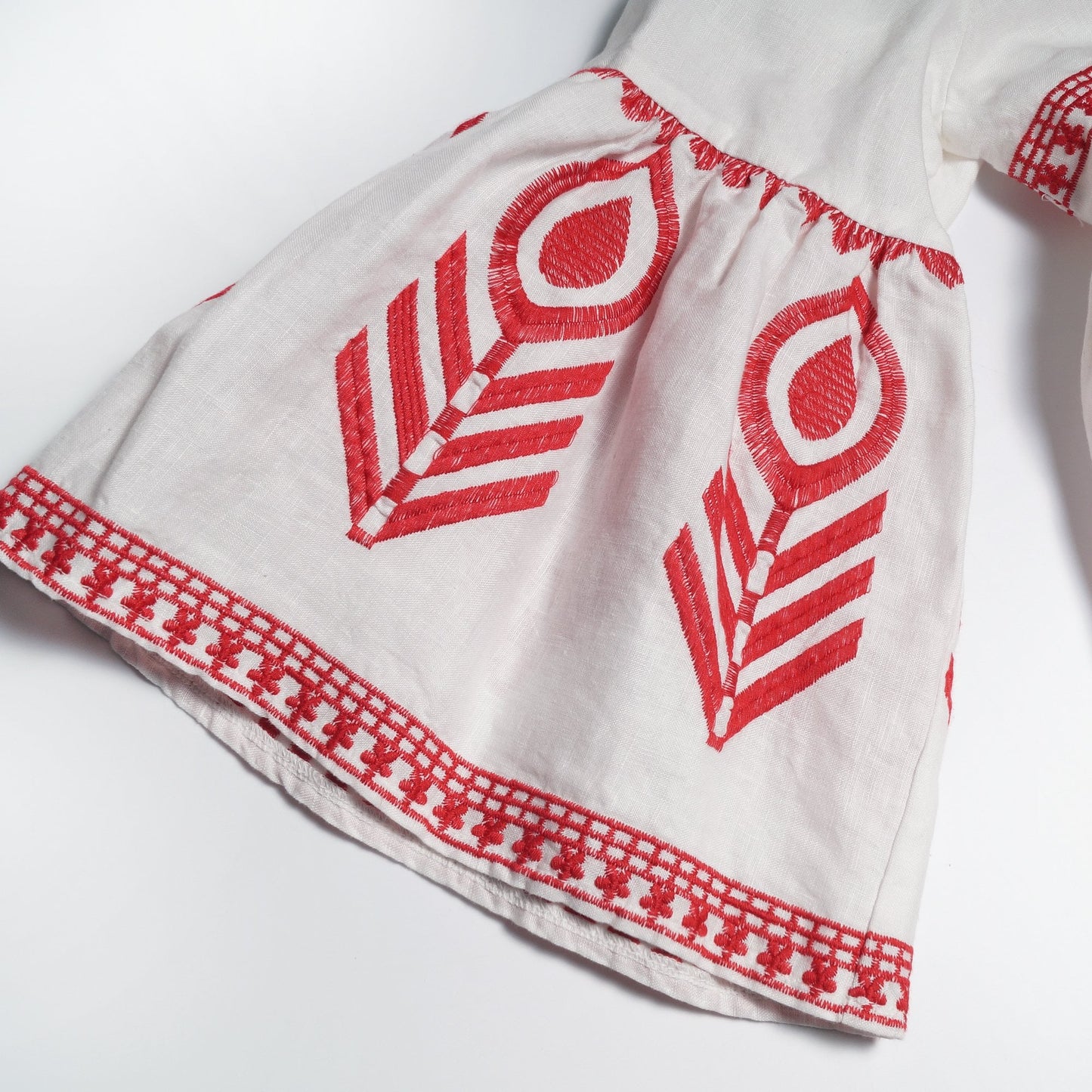 Linen Embroidered Dress - White/Red