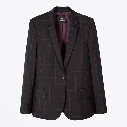 Wool Windowpane Check Blazer - Black