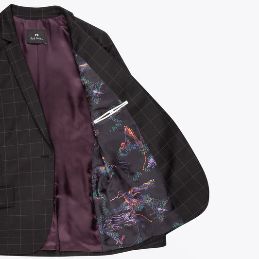 Wool Windowpane Check Blazer - Black