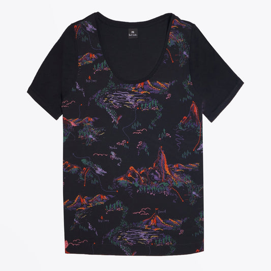 Modal-Blend 'Mountain' Print T-Shirt - Black
