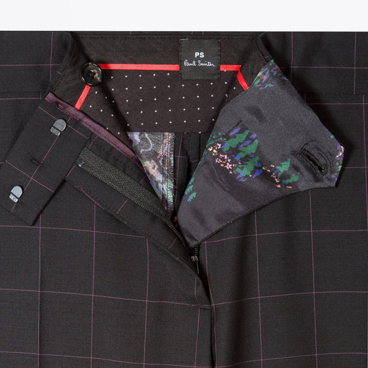 Wool Windowpane Check Trousers - Black