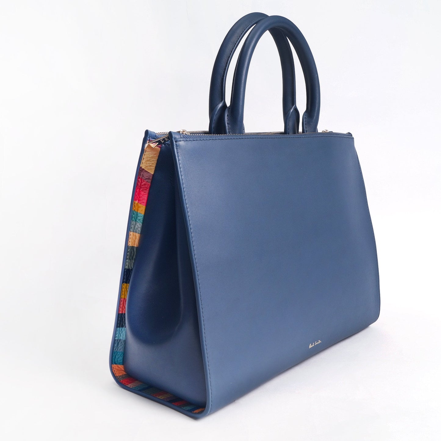 - Leather Double Zip Tote Bag With 'Swirl' Trim - Blue